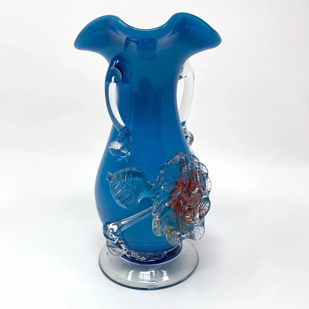 Antique Stevens & Williams Blown Glass Vase Applied Flower Cased Red Rim